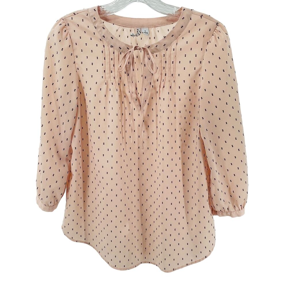 Elle Peach Whip Polka Dot Tie Neck Long Sleeve Sheer Chiffon Career Top Blouse S